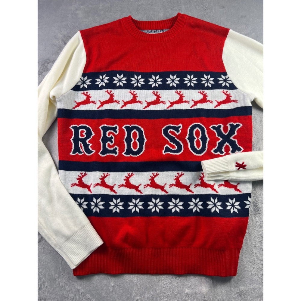 Boston Red Sox MLB Holiday Sweater Mens Medium Red White Fair Isle Reindeer Klew
